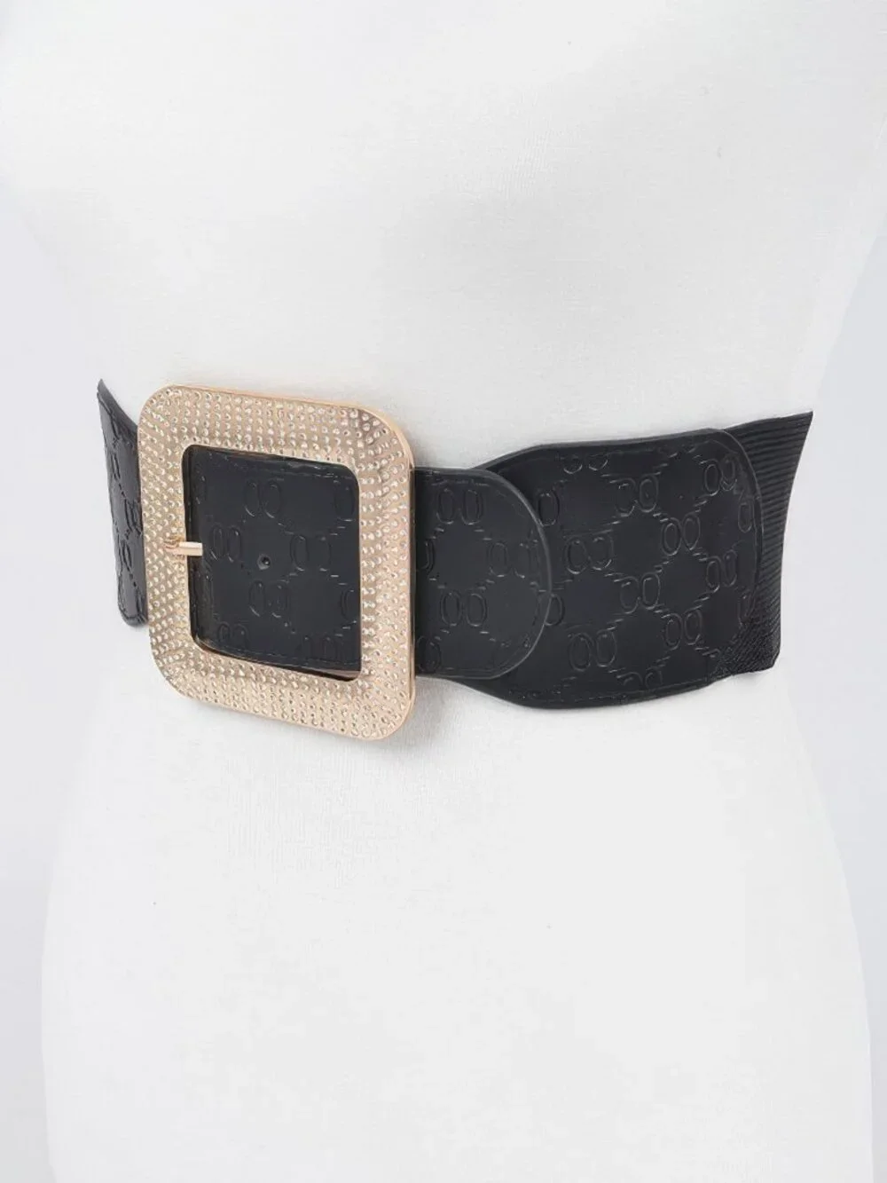Big Rhinestone Buckle Embossed Elastic Belt
